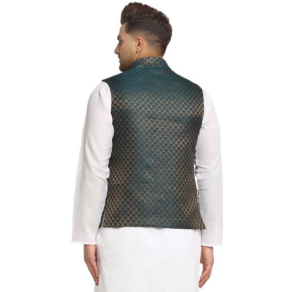 Sleeveless Traditional Brocade Silk Fabric Dark Green Nehru Jacket by Treemoda - Picture 3 of 5
